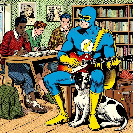 Comic-style illustration of superhero in cape with K on chest, sitting in library playing guitar with dog at his feet, and students studying at table behind him